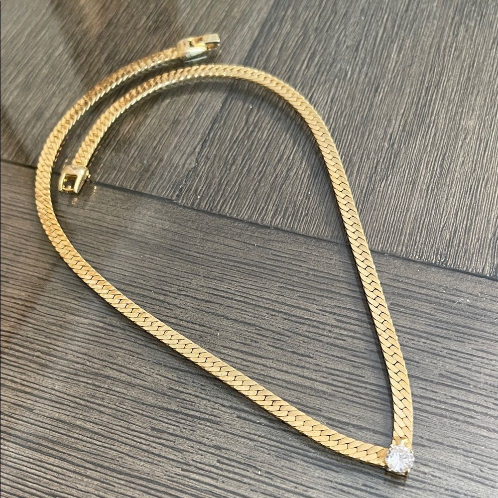Vintage V Herringbone Gold-tone Chain Necklace with Faux Diamond Accent